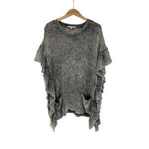 Violet‎ Ruby Gray Black Mineral Wash Boho Hippie Lace Ruffle Tunic Top Womens M